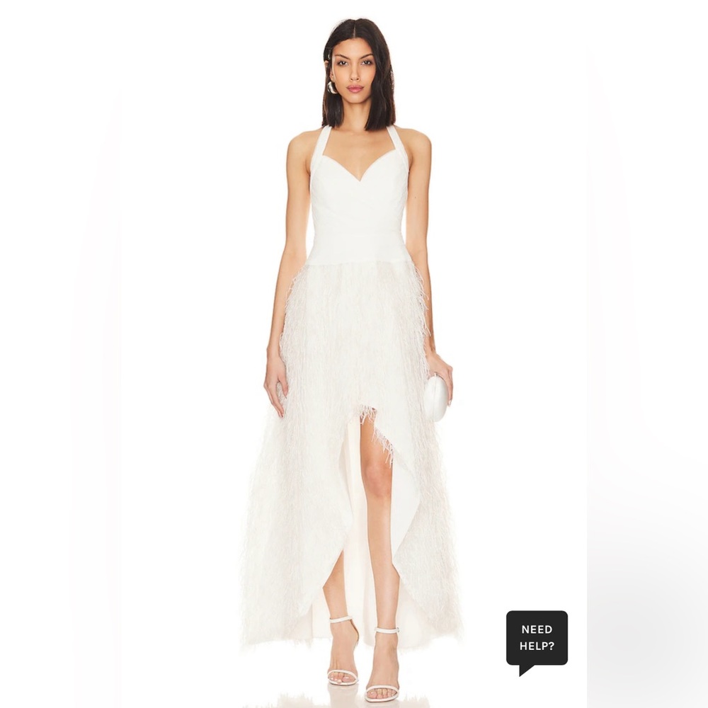 Revolve- feathered evening dress / brand: BCBG